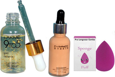 

Pro longwear combo Sponge Puff, Waterweight SPF 30/PA++ Foundation 30 ml with Gold Radiance Skin Sculpting Face Serum(Set of 3)