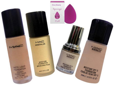 

divas beauty Sponge Puff & Mac Mineralize Foundation 30ml& Mac Matte Liquid Foundation & Mac Mineralize Moisture Foundation 40ml& Mac Mineralize Moisture Foundation Fond Deteint Spf(Set of 5)