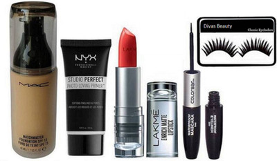 

divas beauty eyelashes & mac matchmaster liquid foundation & NYX photo-loving Face Primer & lakme enrich matte finish lipstick & colorbar 2 in 1 eyeliner with mascara(Set of 5)