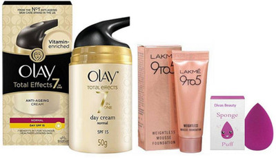 

divas beauty Sponge Puff WIth 9to5 Weightless Mousse Foundation WIth Olay Effect 7inone Anti-Ageing Cream 50gm(Set of 3)