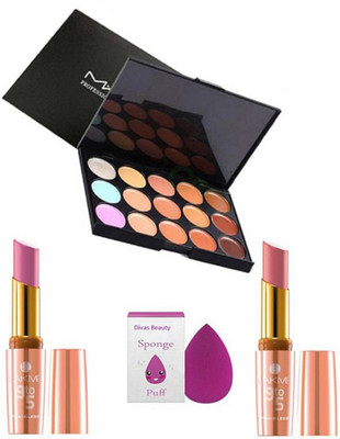 

divas beauty Sponge Puff With 15 Shade Concealer Palette& Lipstick 2 Different Shade(Set of 4)