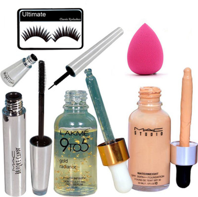 

Ultimate Eyelashes & Mac Waterweight Spf 30 Foundation & Lakme 9To5 Gold Radiance Face Serum & Brooke Candy Liner & Mascara & Sponge Puff(Set of 6)