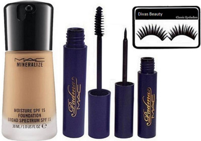 

divas beauty eyelashes & mac Minerlize SPF 15 Liquid Foundation & mac Padma Mascara With Liquid Eyeliner black(Set of 4)