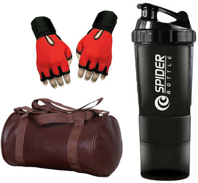 

Snipper Combo Of Leathrite Brown Gym Bag,red Gloves and Black Spider Shaker Gym & Fitness Kit