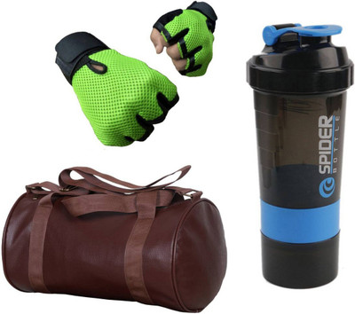 

Snipper Combo Of Leatherite Brown Gym Bag, Green Gloves and Blue Spider Shaker Gym & Fitness Kit
