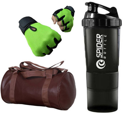 

Snipper Combo Of Leathrite Brown Gym Bag ,Green Gloves and Black Spider Shaker Gym & Fitness Kit