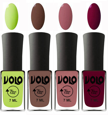 

Volo Ultra Lasting HD Shine Awesome Nail Polish Combo Parrot Green, Brown, Chocolate Peach, Wine Maroon(Pack of 4)