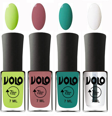 

Volo Ultra Lasting HD Shine Awesome Nail Polish Combo Parrot Green, Chocolate Peach, Radium Green, Top Coat(Pack of 4)