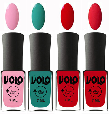 

Volo Ultra Lasting HD Shine Awesome Nail Polish Combo Light Pink, Radium Green, Blood Red, Redish Orange(Pack of 4)