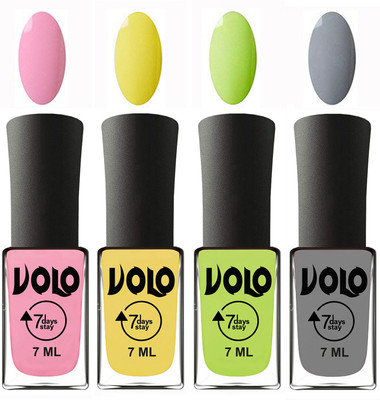 

Volo Ultra Lasting HD Shine Awesome Nail Polish Combo Light Pink, Yellow, Parrot Green, Light Grey(Pack of 4)