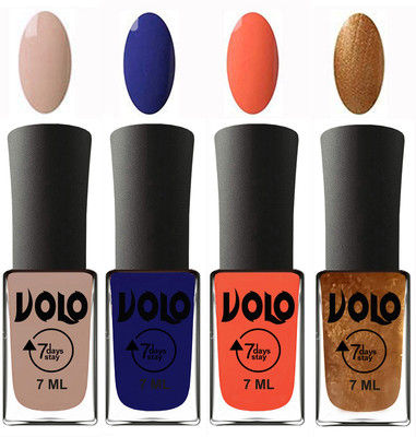 Volo Ultra Lasting HD Shine Awesome Nail Polish Combo Light Nude, Navy Blue, Neon Orange, Metallic Dark Golden(Pack of 4)
