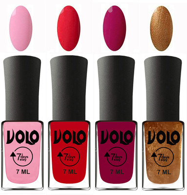 

Volo Ultra Lasting HD Shine Awesome Nail Polish Combo Light Pink, Redish Orange, Magnta, Metallic Dark Golden(Pack of 4)