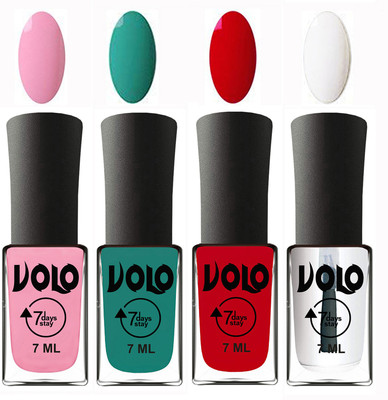 

Volo Ultra Lasting HD Shine Awesome Nail Polish Combo Light Pink, Radium Green, Blood Red, Top Coat(Pack of 4)