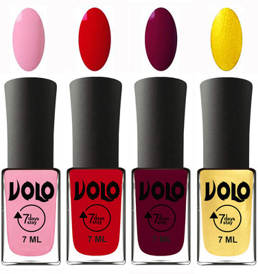 

Volo Ultra Lasting HD Shine Awesome Nail Polish Combo Light Pink, Blood Red, Wine Maroon, Metallic Light Golden(Pack of 4)