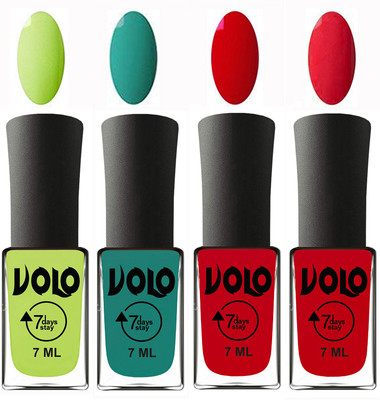 

Volo Ultra Lasting HD Shine Awesome Nail Polish Combo Parrot Green, Radium Green, Blood Red, Redish Orange(Pack of 4)