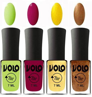 

Volo Ultra Lasting HD Shine Awesome Nail Polish Combo Parrot Green, Magnta, Metallic Light Golden, Metallic Dark Golden(Pack of 4)