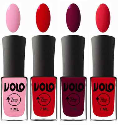 

Volo Ultra Lasting HD Shine Awesome Nail Polish Combo Light Pink, Blood Red, Wine Maroon, Redish Orange(Pack of 4)