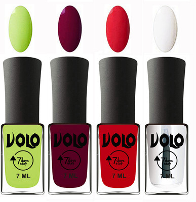 

Volo Ultra Lasting HD Shine Awesome Nail Polish Combo Parrot Green, Wine Maroon, Redish Orange, Top Coat(Pack of 4)