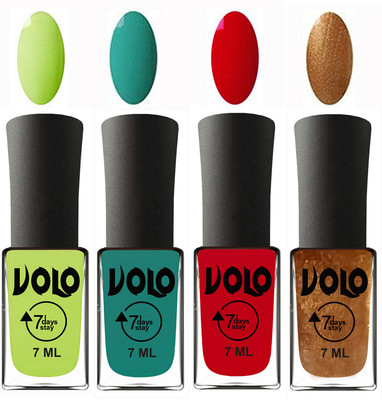

Volo Ultra Lasting HD Shine Awesome Nail Polish Combo Parrot Green, Radium Green, Blood Red, Metallic Dark Golden(Pack of 4)