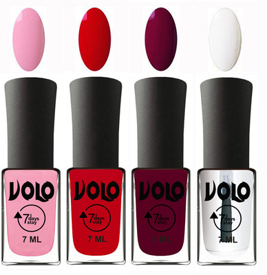 

Volo Ultra Lasting HD Shine Awesome Nail Polish Combo Light Pink, Blood Red, Wine Maroon, Top Coat(Pack of 4)