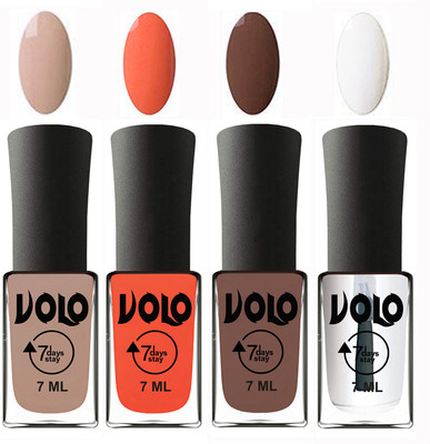 

Volo Ultra Lasting HD Shine Awesome Nail Polish Combo Light Nude, Neon Orange, Brown, Top Coat(Pack of 4)