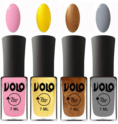 

Volo Ultra Lasting HD Shine Awesome Nail Polish Combo Light Pink, Metallic Light Golden, Metallic Dark Golden, Light Grey(Pack of 4)
