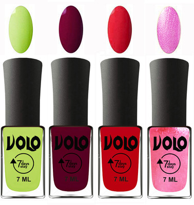 

Volo Ultra Lasting HD Shine Awesome Nail Polish Combo Parrot Green, Wine Maroon, Redish Orange, Metallic Pink(Pack of 4)