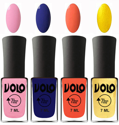 

Volo Ultra Lasting HD Shine Awesome Nail Polish Combo Light Pink, Navy Blue, Neon Orange, Metallic Light Golden(Pack of 4)