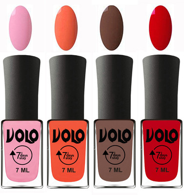 

Volo Ultra Lasting HD Shine Awesome Nail Polish Combo Light Pink, Neon Orange, Brown, Blood Red(Pack of 4)
