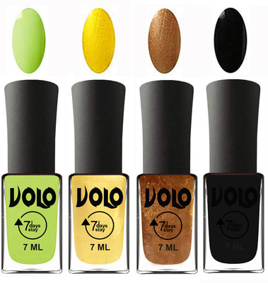 

Volo Ultra Lasting HD Shine Awesome Nail Polish Combo Parrot Green, Metallic Light Golden, Metallic Dark Golden, Black(Pack of 4)