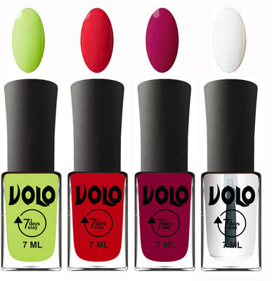 

Volo Ultra Lasting HD Shine Awesome Nail Polish Combo Parrot Green, Redish Orange, Magnta, Top Coat(Pack of 4)