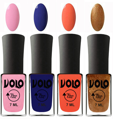 

Volo Ultra Lasting HD Shine Awesome Nail Polish Combo Light Pink, Navy Blue, Neon Orange, Metallic Dark Golden(Pack of 4)