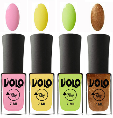 

Volo Ultra Lasting HD Shine Awesome Nail Polish Combo Light Pink, Yellow, Parrot Green, Metallic Dark Golden(Pack of 4)