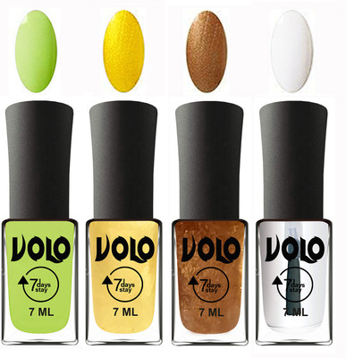 

Volo Ultra Lasting HD Shine Awesome Nail Polish Combo Parrot Green, Metallic Light Golden, Metallic Dark Golden, Top Coat(Pack of 4)