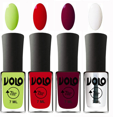 

Volo Ultra Lasting HD Shine Awesome Nail Polish Combo Parrot Green, Blood Red, Wine Maroon, Top Coat(Pack of 4)
