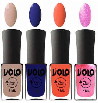 Volo Ultra Lasting HD Shine Awesome Nail Polish Combo Light Nude, Navy Blue, Neon Orange, Metallic Pink(Pack of 4)