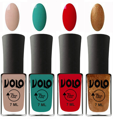 

Volo Ultra Lasting HD Shine Awesome Nail Polish Combo Light Nude, Radium Green, Blood Red, Metallic Dark Golden(Pack of 4)