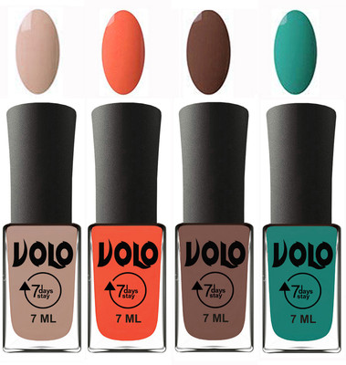 Volo Ultra Lasting HD Shine Awesome Nail Polish Combo Light Nude, Neon Orange, Brown, Radium Green(Pack of 4)