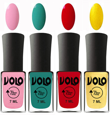 

Volo Ultra Lasting HD Shine Awesome Nail Polish Combo Light Pink, Radium Green, Blood Red, Metallic Light Golden(Pack of 4)