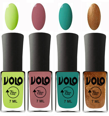 

Volo Ultra Lasting HD Shine Awesome Nail Polish Combo Parrot Green, Chocolate Peach, Radium Green, Metallic Dark Golden(Pack of 4)