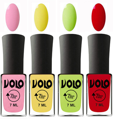 

Volo Ultra Lasting HD Shine Awesome Nail Polish Combo Light Pink, Yellow, Parrot Green, Blood Red(Pack of 4)