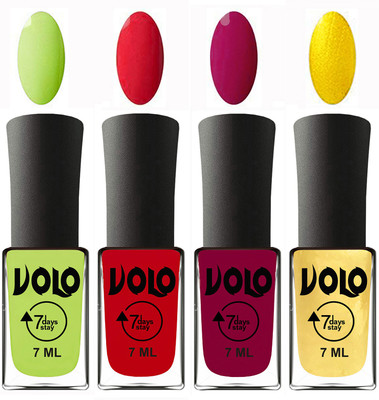 

Volo Ultra Lasting HD Shine Awesome Nail Polish Combo Parrot Green, Redish Orange, Magnta, Metallic Light Golden(Pack of 4)