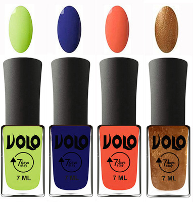 

Volo Ultra Lasting HD Shine Awesome Nail Polish Combo Parrot Green, Navy Blue, Neon Orange, Metallic Dark Golden(Pack of 4)