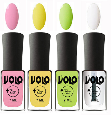 

Volo Ultra Lasting HD Shine Awesome Nail Polish Combo Light Pink, Yellow, Parrot Green, Top Coat(Pack of 4)