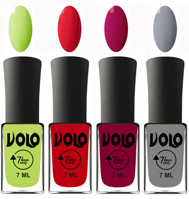 

Volo Ultra Lasting HD Shine Awesome Nail Polish Combo Parrot Green, Redish Orange, Magnta, Light Grey(Pack of 4)