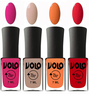 

Volo Ultra Lasting HD Shine Awesome Nail Polish Combo Magnta, Light Nude, Peach, Redish Orange(Pack of 4)