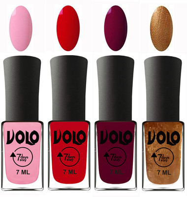 

Volo Ultra Lasting HD Shine Awesome Nail Polish Combo Light Pink, Blood Red, Wine Maroon, Metallic Dark Golden(Pack of 4)