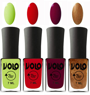 

Volo Ultra Lasting HD Shine Awesome Nail Polish Combo Parrot Green, Blood Red, Wine Maroon, Metallic Dark Golden(Pack of 4)