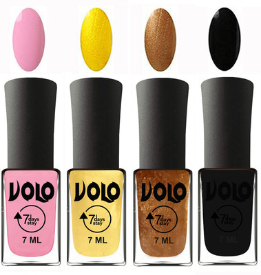 

Volo Ultra Lasting HD Shine Awesome Nail Polish Combo Light Pink, Metallic Light Golden, Metallic Dark Golden, Black(Pack of 4)