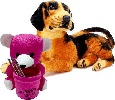 

Gift Decor Shop Black Dog Stuffed soft Toy (Black/Yellow, 21 cm) Combo with soft toy teddy with love penstand for kids (Dark Pink, 20 cm) - 21 cm(Multicolor)